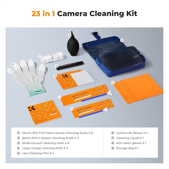 K&F CONCEPT Professional Lens Cleaning Kit for DSLR & Mirrorless Cameras with APS-C/Full-Frame Sensor Cleaning Swabs/Lens Cleaner/Gloves/Camera Blower/Lens Pen Brush/Microfiber Cloths/Carrying Case - Image 2