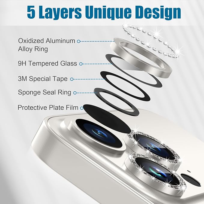 AGVEE 3+3 6 Pack for iPhone 15 Pro & Max Camera Lens Protector Cover | Individual Bling Diamond & Bling Glitter Sparkle Cute Gem Metal Ring, 9H Tempered HD Glass - Image 7