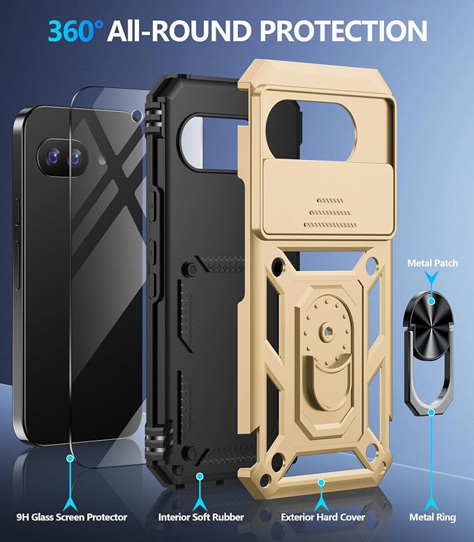Taisairu for Google Pixel 9A Case with Screen Protector & Slide Camera Lens Cover, Built-in 360°Rotate Magnetic Ring Stand Shockproof Protective Phone Case for Google Pixel 9A Case (Gold) - Image 2