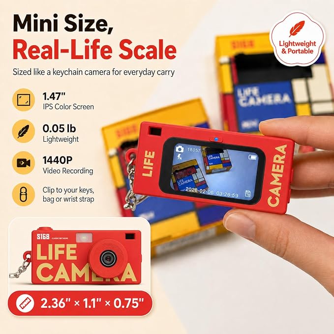 Mini Keychain Digital Camera, Y2K Retro Pocket Camera with 1.47 Inch Screen, 1440P Video, 2MP Photos, 16GB Card, Flash, Type C, Tiny Vintage Camcorder for Kids Teens Travel Vlog (Red) - Image 2
