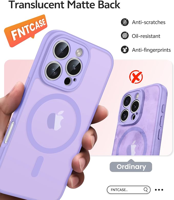 FNTCASE for iPhone 16 Pro Max Case, Fit for Magsafe, Glass Screen Protector | Full Camera Protection, Translucent Matte, 14FT Military Grade Drop Proof, Shockproof Protective Phone Cover, Light Purple - Image 6