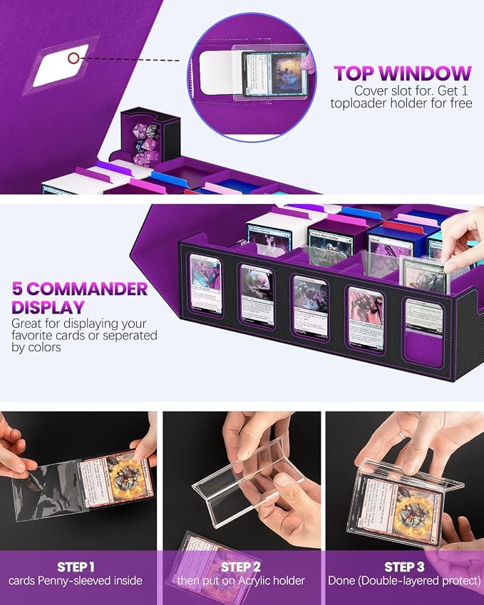 5 Row Trading Card Storage Box, Fit 4200+ Sleeveless Cards, Black & Purple | Large Capacity, Portable Handle, Include 30 Divider, 8 Supporters, 1 Dice Tray, Compatible for MTG/TCG/Magic Sports Cards - Image 3