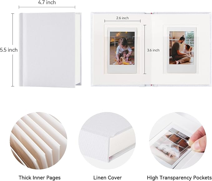 Instax Mini Photo Album with Writing Space, Linen Cover, White | Compatible with 2x3 inch & Polaroid Pictures, 28 Recessed Clear Pockets, Wedding Guest Book and Family Memories - Image 2