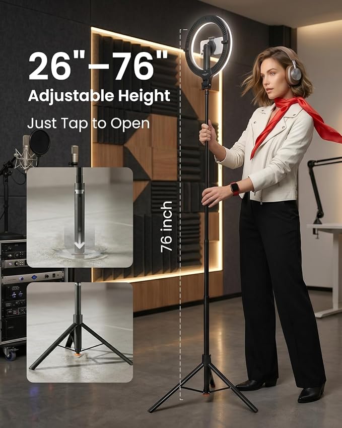 KraftGeek Ring Light with Stand, Magnetic Phone Tripod with Light | 5000mAh Rechargeable 10.2" LED Ring Light, Portable Foldable Design, Auto-Open Tripod, Up to 76" Height, Up to 10H Runtime - Image 4