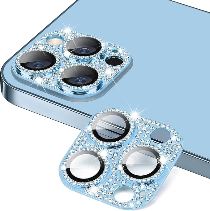 Compatible with iPhone 13 Pro & iPhone 13 Pro Max Camera Lens Protector, Bling Lens Cover 3D Rhinestone Diamond 9H Tempered Glass Camera Cover Anti Scratch Shockproof Lens Screen Full Protective Cover - Sierra Blue by Hsefo