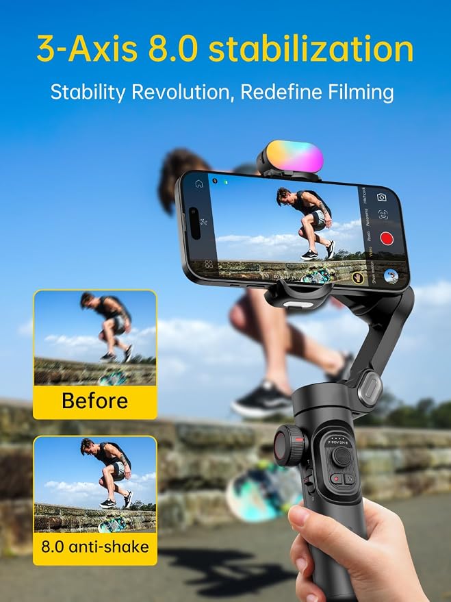 AOCHUAN 3-Axis Gimbal Stabilizer for iPhone Gimbal w/RGB Fill Light-XE Kit | Face Tracking Focus Wheel Foldable Smartphone for iPhone/Android Phone Stabilizer Vlog Recording Smart XE Kit - Image 3