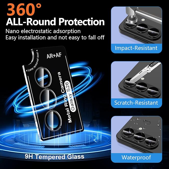 for Samsung Galaxy S26 Camera Lens Protector, Individual Metal Ring Tempered Glass Lens Cover, [Strong Adsorption] Scratch Resistant Ultra-Thin HD Clear Lens Cover, 1 Set-Black Ring - Image 2