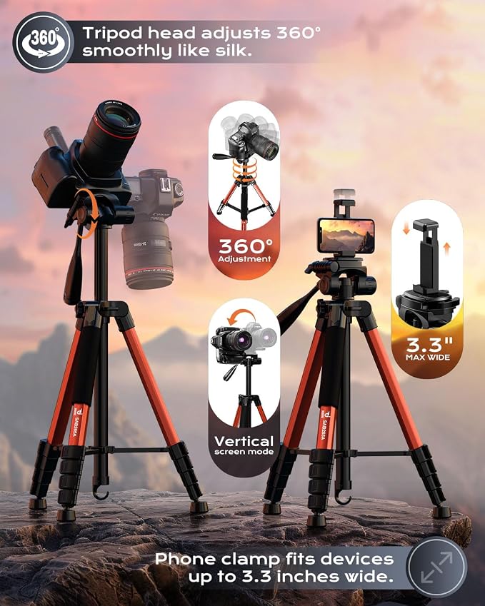73" Camera Tripod, Aluminum Travel Tripod for Camera & Phone, Orange | DSLR Tripod with Phone Holder, Quick Release Plate, Travel Bag, Compatible with GoPro Camcorder, 8.8 lbs Load - Image 5