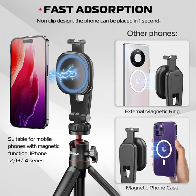 ULANZI Magnetic iPhone Tripod Mount MA23, Magnet Phone Holder Adapter Tripod Attachment Compatible with MagSafe Only for iPhone 12 13 14 15 16 Plus Pro Max All Series | Cold Shoe Mount for Tripod Attachment, Magnet Phone Holder w 360° Rotation 1/4'' Sc... - Image 2