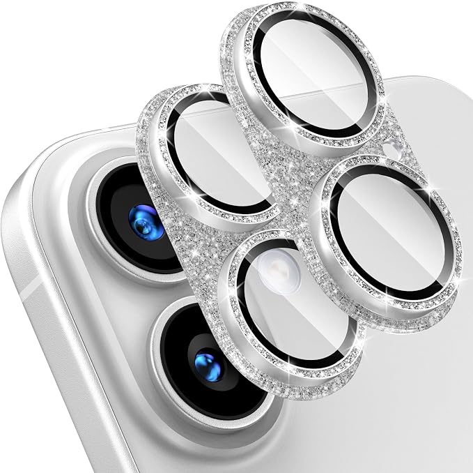 [2 Pack] Bling Camera Lens Screen Protector for iPhone 16/16 Plus with 9H Tempered Glass Aviation Aluminum Plate Cover Metal Ring,Night Circle,No Bubble,HD Clarity,Easy Installation-Glitter Silver by Uniwit