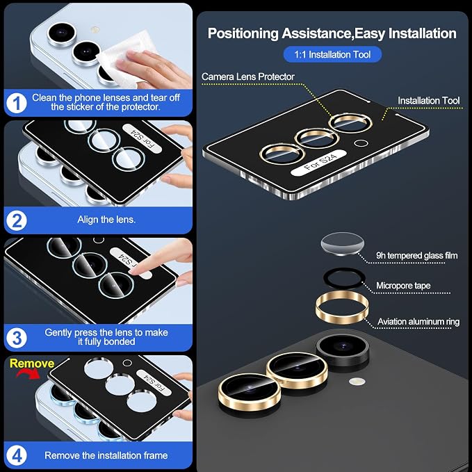 for Samsung Galaxy S24 Camera Lens Protector, Individual Metal Ring Tempered Glass Lens Cover, [Strong Adsorption] Scratch Resistant Ultra-Thin HD Clear Lens Cover, 1 Set-Gold Ring - Image 6