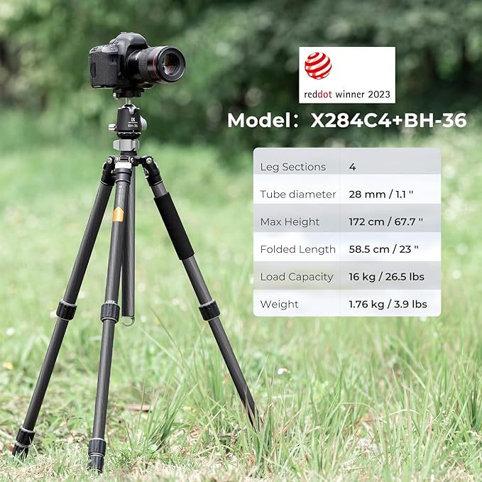 K&F Concept X-Series 68" Carbon Fiber Camera Tripod | Professional Photography Tripod, 1.42" Metal Ball Head, Load Capacity 35.2lbs, Indoor Outdoor Use,X284C4+BH-36 - Image 2