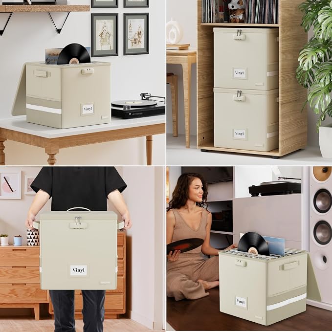 DocSafe Fireproof Vinyl Record Storage Box with Lock, Beige, 13"x13"x13" | Record Organizer for 100+ Single Records(12-inch),Collapsible,with Lid&Handles,Valuable Album Collection,Home&Travel Safe - Image 5