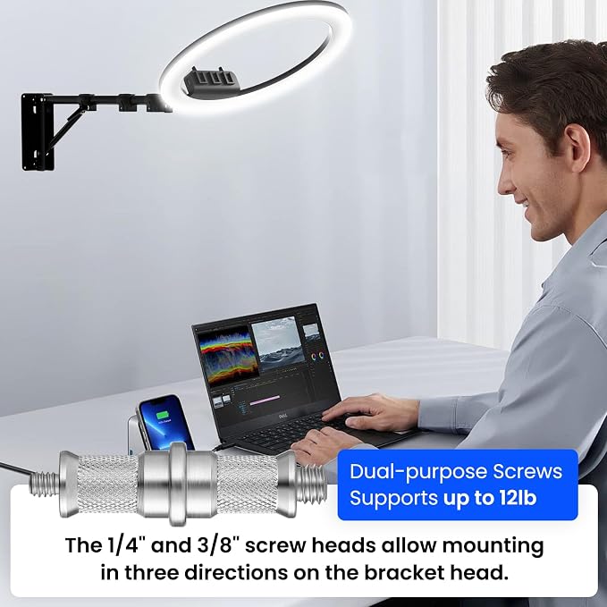 Ring Light Wall Mount with 3 Phone Holder 19", 45.7" Adjustable Boom Arm | 180° Rotatable Space-Saving Wall Mount Lighting Design for Photography, Makeup, Tattoo, Beauty Salon, Barber Studio - Image 5