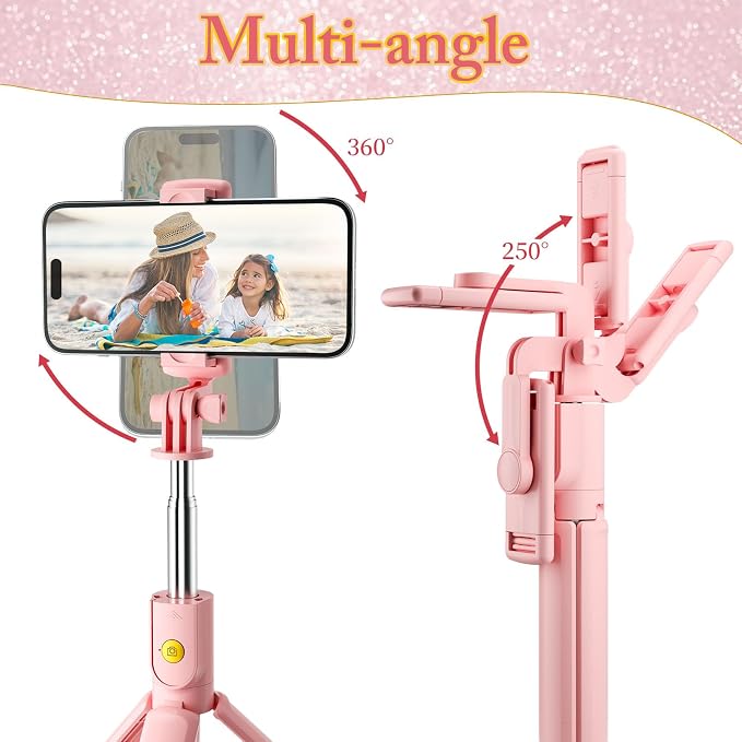 Pink Selfie Stick Tripod, with Wireless Remote Control, Live Streaming and Video Recording, Compatible with Android, iPhone and More - Image 3