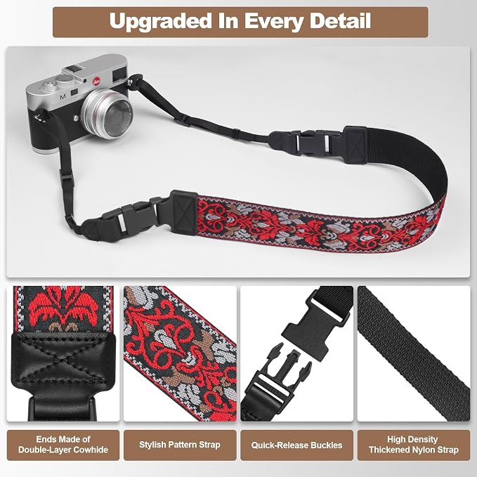 Adjustable Camera Neck Strap, Vintage Embroidered Shoulder & Crossbody Camera Strap with 4 Connection Ways, Anti-Slip Camera Strap for DSLR, Mirrorless & Camcorder, Travel & Outdoor Photography Gear - Image 5