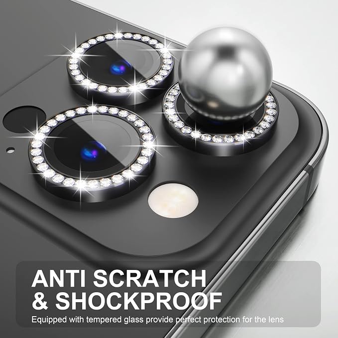 Choiche for iPhone 14 Pro/iPhone 14 Pro Max Camera Lens Protector | Ultra HD, Bling 9H Tempered Glass Camera Cover Screen Protector Metal Ring Decoration Accessories (Diamond-Black) - Image 3