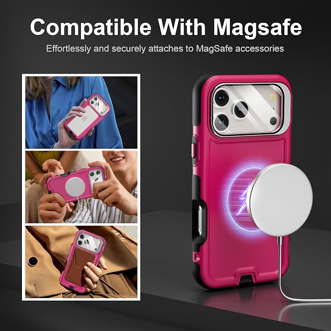 Follaroma Magnetic for iPhone 17 Pro Case with Camera Stand, Hot Pink，6.3" | Built-in Glass Camera Cover Stand,Compatible with MagSafe,Heavy Duty Shockproof Protective,Military-Grade Anti-DropDual Case - Image 4