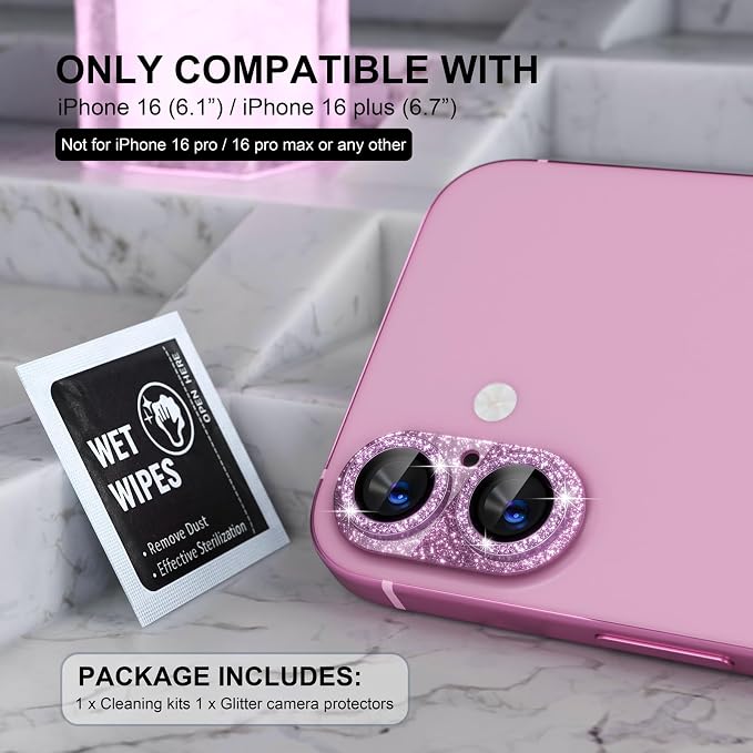 Choiche for iPhone 16 /iPhone 16 Plus Camera Lens Protector, Glitter-Pink | Bling Metal Camera Cover with 9H Tempered Glass Lens Screen Protector Accessories, Strong Adsorption, Case-Friendly - Image 2