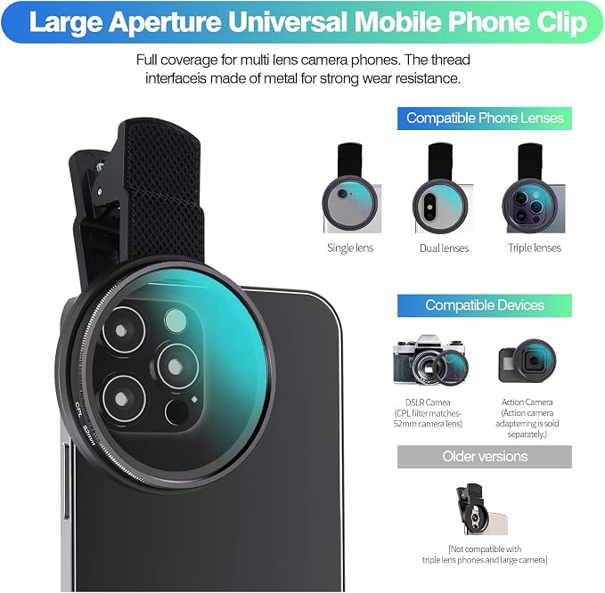 67mm CPL Filter for iPhone & Android, Phone Polarizing Lens Kit with Clip-On Adapter to Eliminate Glare & Reflections for Professional Car Photography, Water, and Scenery, Travel Case Included - Image 2