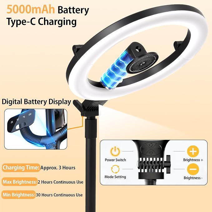 Magnetic Desk Ring Light with Stand,5000mAh Rechargeable,10" Foldable | 3 Colors & 10 Levels Brightness,Memory Function,Selfie Light for Live Stream,Makeup,Video - Image 3