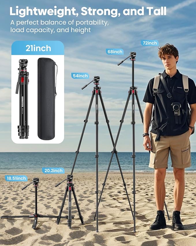 CAMBOFOTO 68" Heavy Duty Tripod, Video Tripod with Fluid Head | Aluminum Camera Tripod, 1/4" Smooth Pan/Tilt Head for DSLR/Camcorders/Binoculars/Spotting Scope/Telescope, Load 8.8lbs - Image 6
