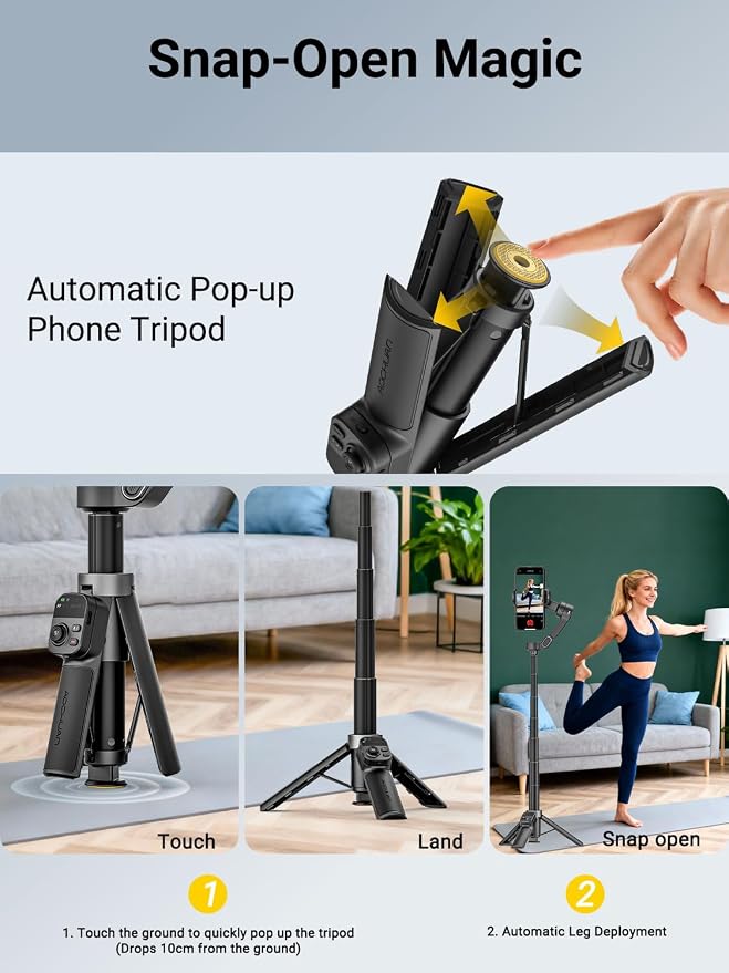 AOCHUAN Smart X3 360° Pan Rotation Gimbal Stabilizer for iPhone w/Remote | 20" Extension Rod & One-Touch Open Tripod, Phone Gimbal w/Magnetic Remote for Vlogging, Travel, Face/Object Tracking in APP - Image 4
