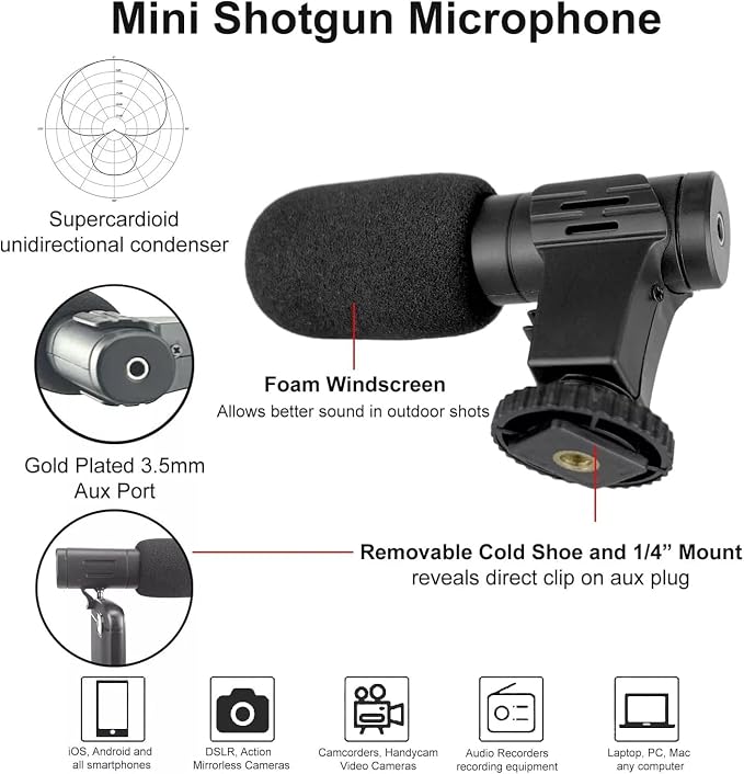 Universal Mini Shotgun Microphone for Smartphones, Camcorders, Camera Microphone for DSLR for YouTube, Vlogging, Live Stream, Tiktok & Filming with 3.5mm Plug Cable - Image 2