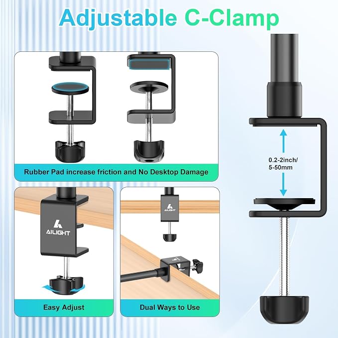 Ailight Desk Stand for Live Streaming, Adjustable Mount with Phone Holder | 1/4" Screw, Ball Head & C Clamp, for Camera/Phone/Webcam, Tool-Free Setup for Vlogging/Recording - Image 6
