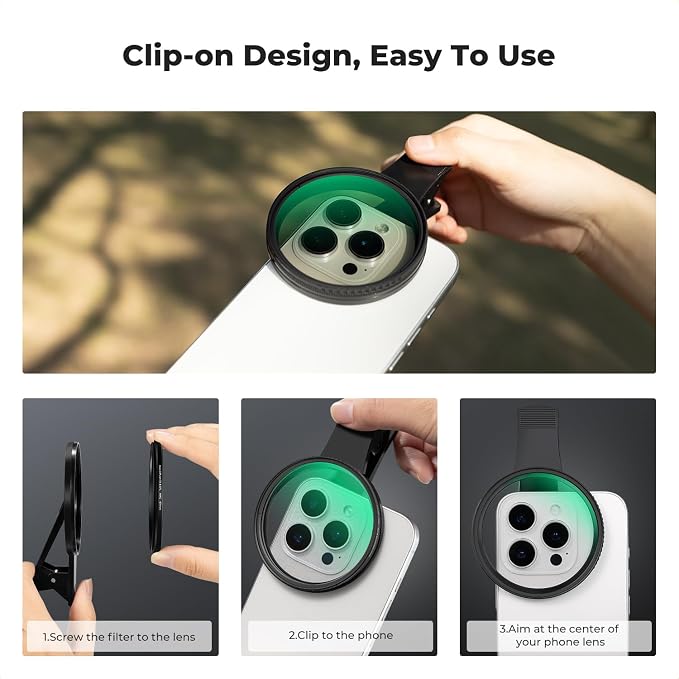 K&F CONCEPT 67mm Clip-on Black Diffusion 1/4 CPL Phone Lens Filter Kit | Mist Cinematic Effect Filter Compatible with iPhone 16 15 14 13 12 11, for Video/Vlog/Portrait Photography, FP101 - Image 7