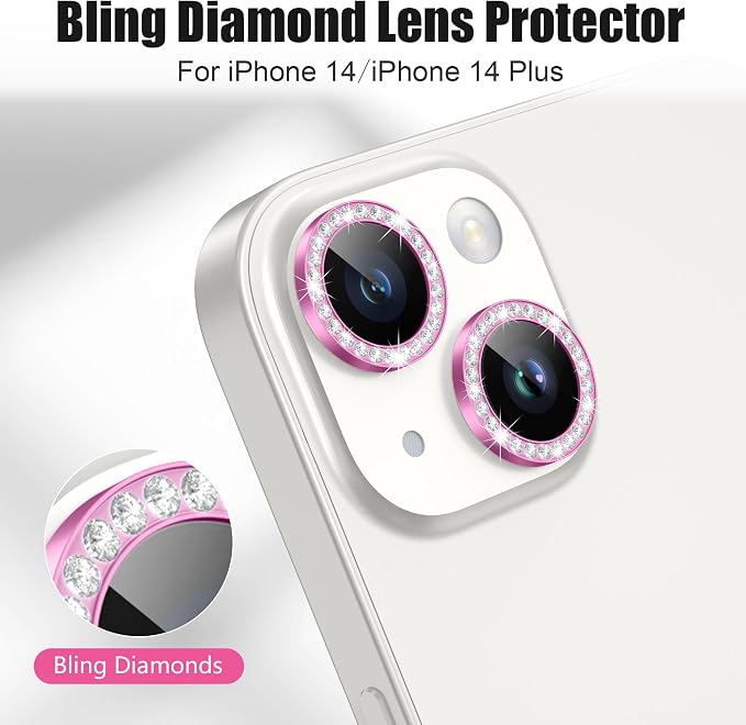 AGVEE 3+3 6 Pack for iPhone 14/14 Plus Camera Lens Protector Cover | Individual Bling Diamond & Bling Glitter Sparkle Cute Gem Metal Ring, 9H Tempered HD Glass - Image 4