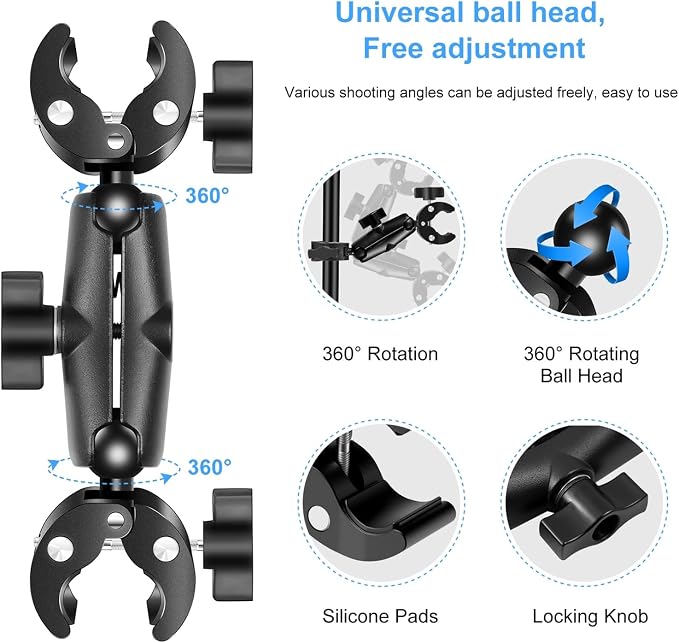 Double Camera Clamp, Flexible Motorcycle Super Clamp Double Crab Clamps 360 Degree Rotatable Sports Camera Handlebar Fixed Mount - Image 5
