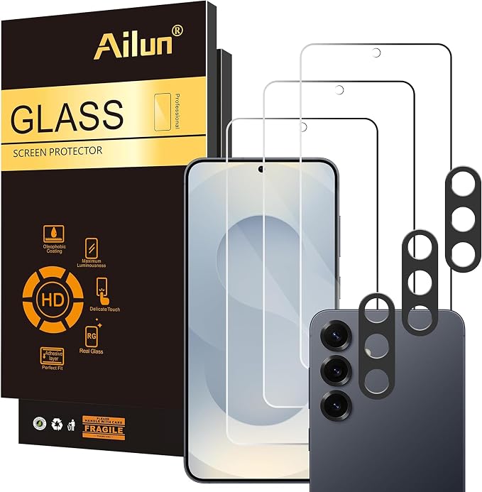 Ailun Screen Protector + Camera Lens Protector for Galaxy S25+ / S25 Plus | 3+3 Pack, 6.7 inch, Tempered Glass, Fingerprint Unlock, 0.25mm, Anti-Scratch, Case Friendly, Clear, HD by Ailun