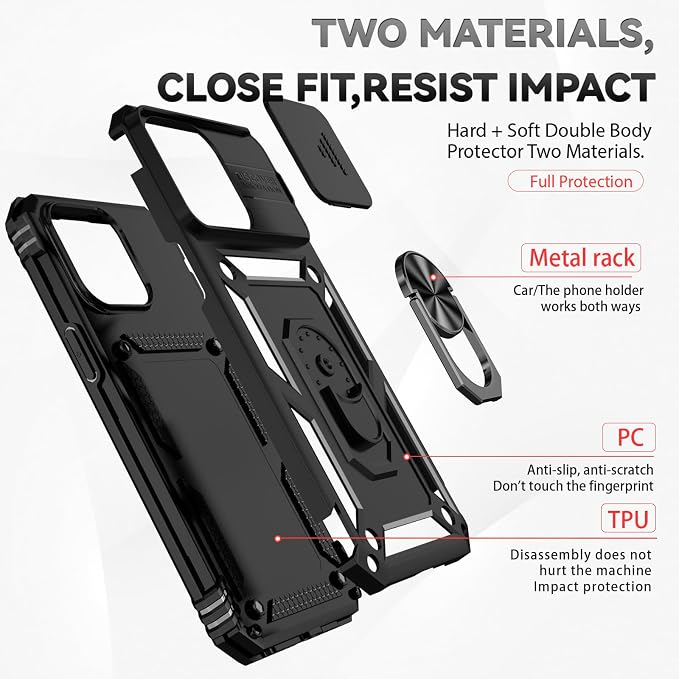 HNHYGETE for iPhone 15 Pro Case with HD Screen Protector: [Military Grade 20ft. Drop Tested] Slide Camera Cover Ring Shockproof Protective Phone Case for - iPhone 15 Pro (Black) - Image 5