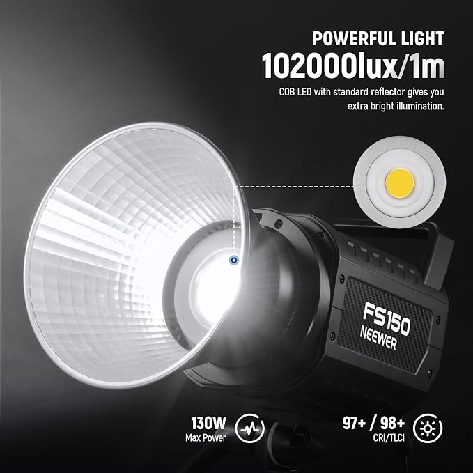 NEEWER FS150 LED Video Light 2.4G/APP Control, 130W 5600K COB Daylight Silent Photography Continuous Output Lighting 4 Precise Dimming Types 102000lux/1m CRI97+ 9 Effects Bowens Mount, US Plug - Image 2