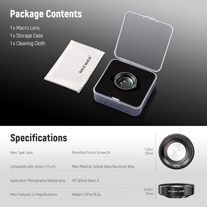 NEEWER Macro Lens Compatible with DJI Osmo Nano/Action 5 Pro/Action 4 | 2X Magnification, 2 Elements in 1 Group, 3-4cm Focal Distance, Close Up Photography Accessories, Not Waterproof, LS-68 - Image 8