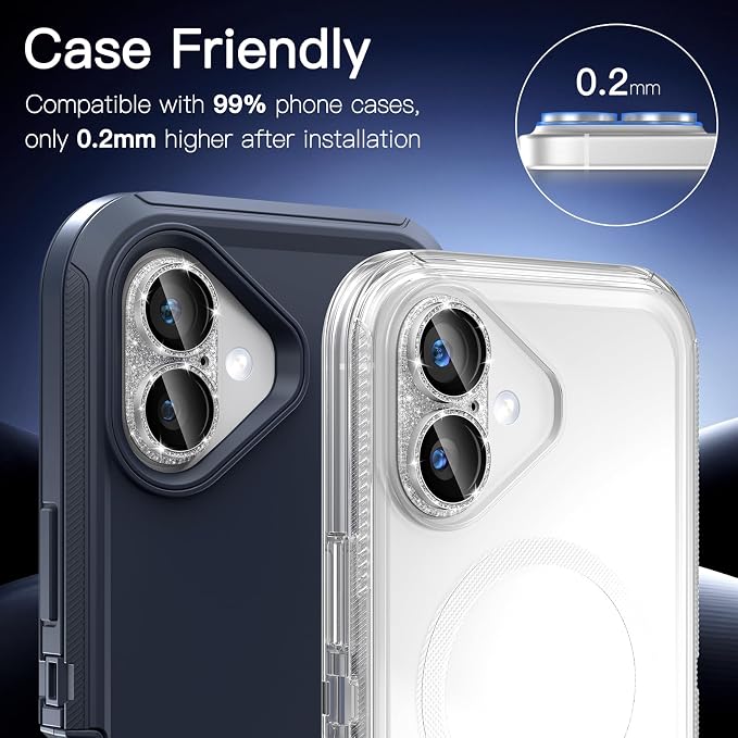 [2 Pack Bling Camera Lens Screen Protector for iPhone 17 with 9H Tempered Glass Aviation Aluminum Plate Cover Metal Ring,Night Circle,No Bubble,HD Clarity,Easy Installation-Glitter Silver - Image 5