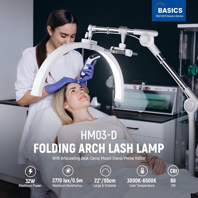 NEEWER Basics 22" Half Moon Lash Light with Articulating Desk Clamp Mount Stand/Phone Holder, 32W Foldable LED Nail Tech Table Arc Lamp for Makeup Beauty Tattoo Overhead Video Recording, HM03-D - Image 2