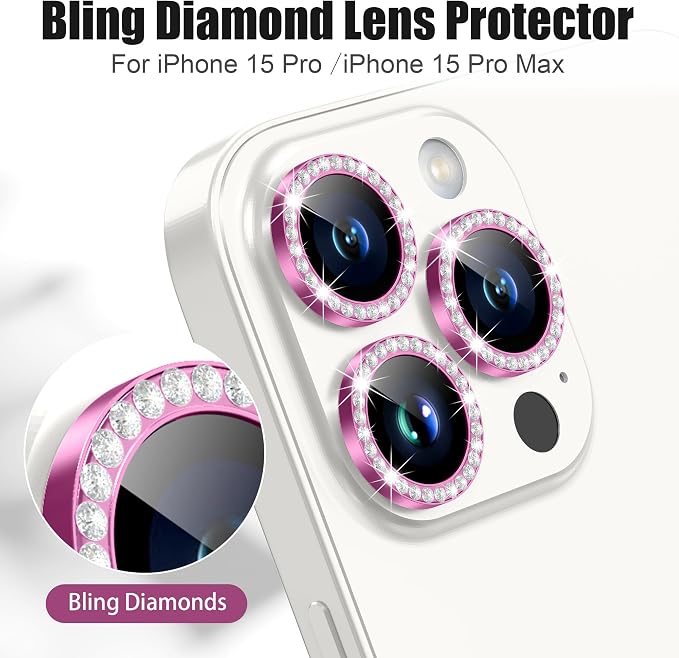 AGVEE 3+3 6 Pack for iPhone 15 Pro & Max Camera Lens Protector Cover | Individual Bling Diamond & Bling Glitter Sparkle Cute Gem Metal Ring, 9H Tempered HD Glass - Image 4