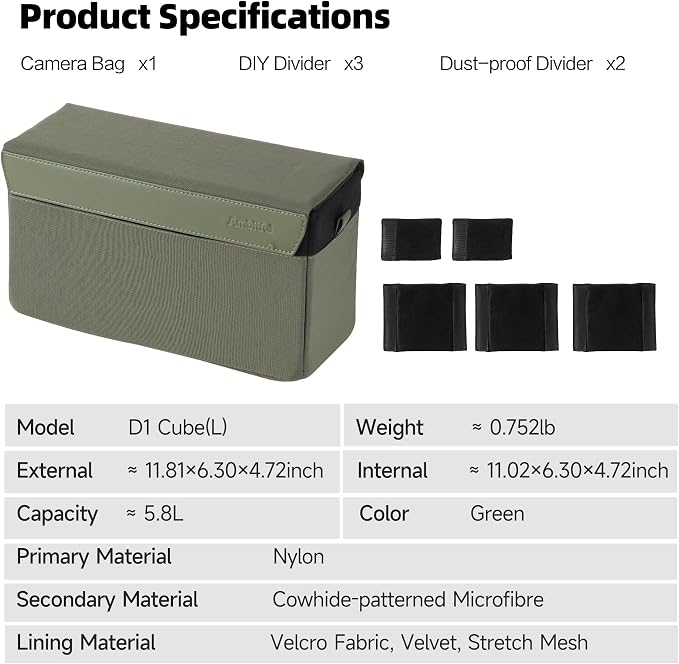 AMBITFUL D1 Cube Camera Insert, Medium/Large Padded Organizer with Dividers for Mirrorless DSLR, Black/Apricot (Green, L (5.6L)) - Image 9