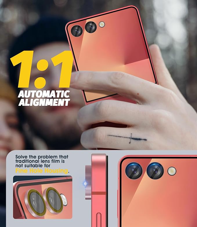 Orzero (2 Sets) Camera Lens Protector for Samsung Galaxy Z Flip 7/7 FE, [EZ Install] [Case-Friendly] 9H Tempered Glass Alloy Metal Ring Lens Cover, Military-Grade Shockproof, HD Clarity Anti-Glare (Red) - Image 3