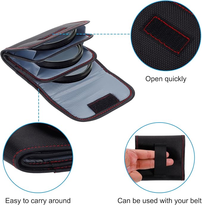 PATIKIL Lens Filter Case, 3-Pocket Camera Filter Case Portable Lens Filter Pouch Photography with Belt Loop Fit Camera Bag Strap Pocket Drone for 25mm-82mm, Black Red - Image 4
