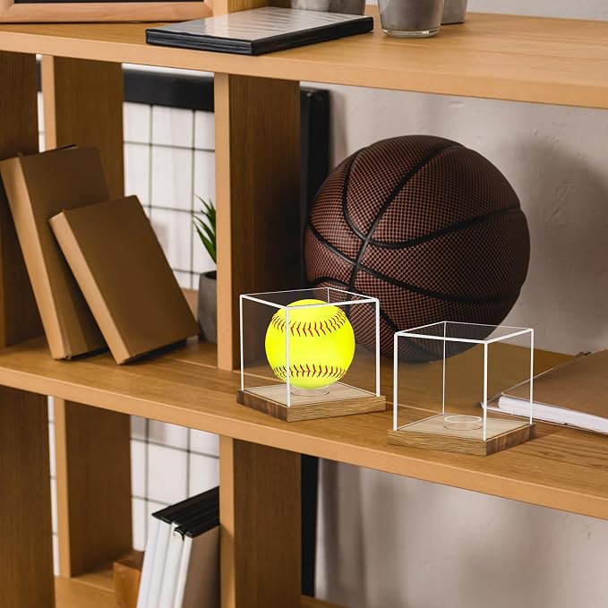 2 Pack Clear Acrylic Softball Display Case with Wood Base, Memorabilia Stand Cube Holder, Dust Protection Transparent Storage Box for Single Ball Souvenir Softball Collections - Image 8