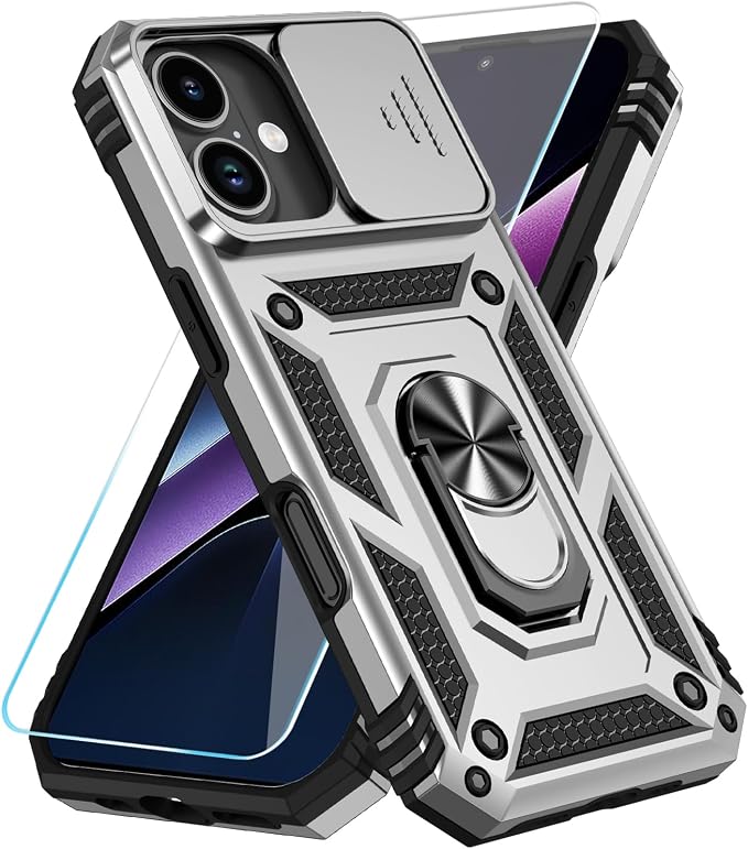SunStory Compatible with iPhone 17 Case with HD Screen Protector & Slide Camera Cover & Rotated Ring Kickstand, [Military-Grade] iPhone Case for iPhone 17, Silver by SunStory