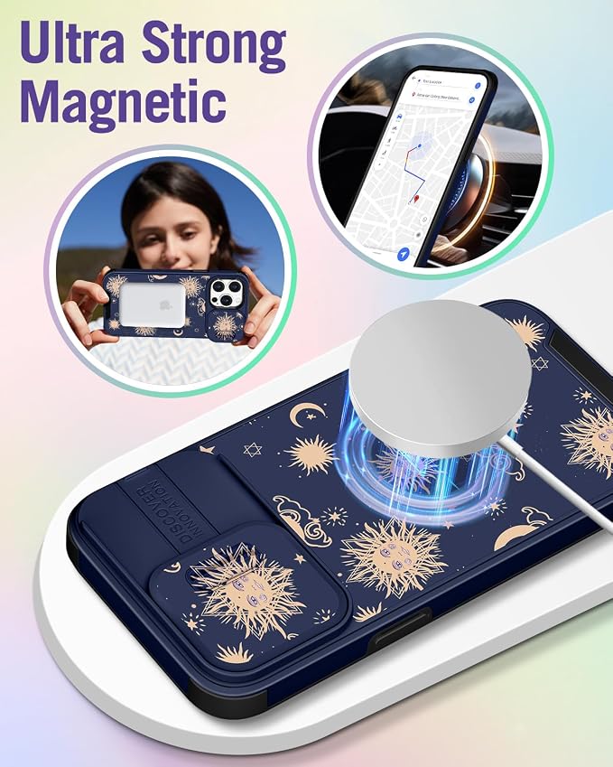Buleens for iPhone 15 Pro Case 6.1 Inch - with Ring Stand & Camera Cover Aesthetic Cute Designed for Women Girls Sun Moon Stars for Phone Case for iPhone 15 Pro Compatible with Magsafe - Image 4