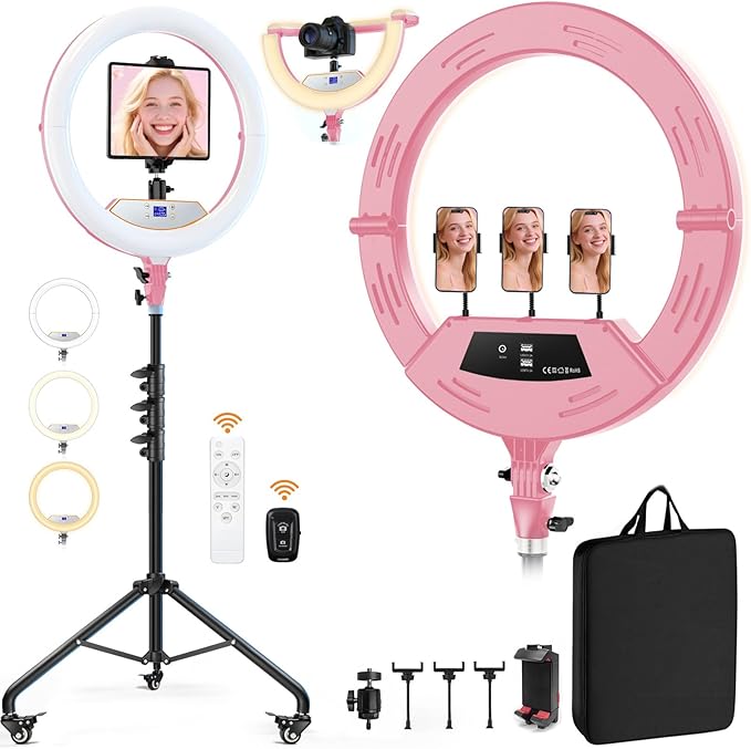 22" Foldable Ring Light with Stand for iPhone ipad, 75" Tripod with Wheels 50W 6500K LED Display/2 USB Ports Large Ringlight Rolling, Tattoo Barber Makeup Studio Video Photography Lighting(Pink) by MACTREM