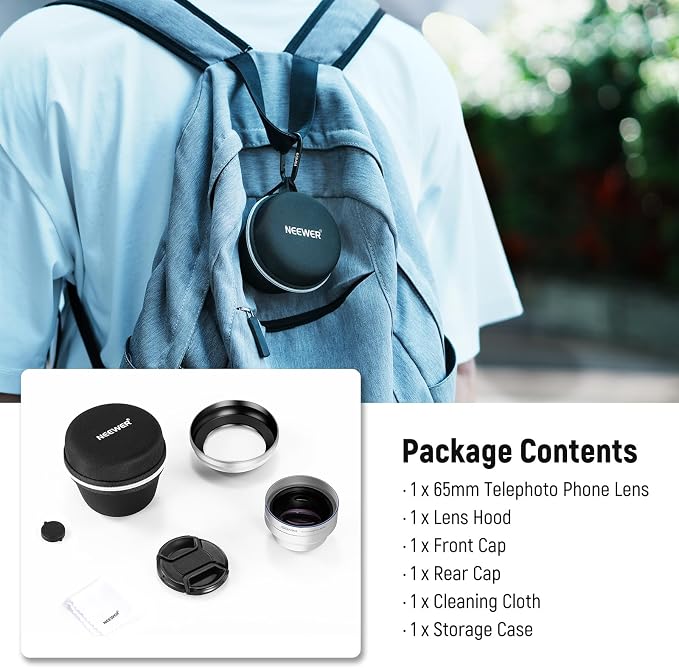 NEEWER 65mm HD Telephoto Phone Camera Lens with Hood (Silver), 1.7X Zoom Lens Attachment for 17mm Thread Backplate, Phone Cage & Case Compatible with iPhone Android, LS-66 - Image 8
