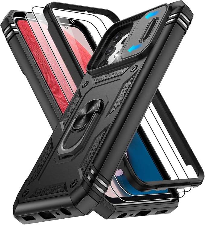 Gritup for Samsung Galaxy A13 4G Case with 2PCS Screen Protector, Build in 360° Rotating Ring Kickstand, Military Grade Protective Cover for A13 4G Phone, Black by Gritup