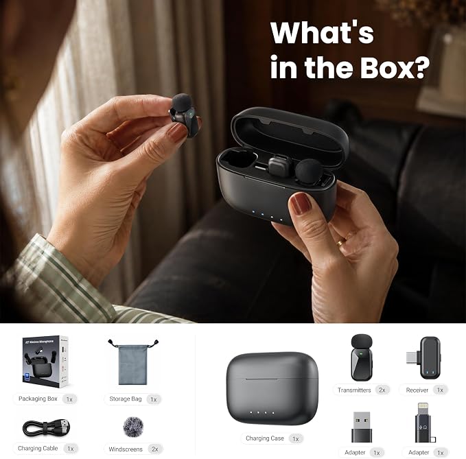 Mini Wireless Lavalier Microphone for iPhone Android Camera, Dual Channel Wireless Microphones with AI Noise Cancellation, 328ft Range, 36H Battery Case, Type-C, Lightning & USB Plug & Play - Image 8