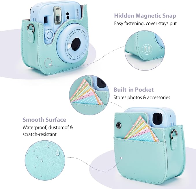 Phetium Mini 13 Camera Case for Fujifilm Instax Mini 13 12 Camera-Green | Mini Camera Protective Case,PU Leather Bag,Photo Storage Pocket,Adjustable Shoulder Strap,Magnetic Flip - Image 4